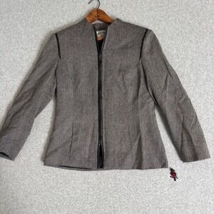 Kasper Women's 10 Wool Blazer Gray Herringbone Zip Front Jacket Black 90s Vtg